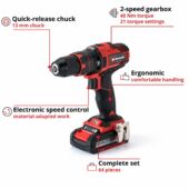 Kép 8/9 - Einhell TE-CD 18/40 Li-i akkus ütvefúró-csavarozó + 64db tartozék (2db 2Ah akkuval és töltővel), Power X-Change