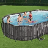 Kép 2/9 - Bestway Espiritu fa hatású ovális fémvázas medence szett 610 x 366 x 122 cm