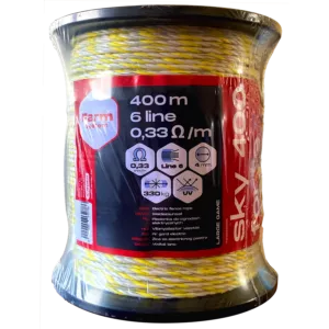 Farmsystem SKY 400 FORTE villanypásztor vezeték, 400m, 4mm, 0,33ohm/m, 330 kg, sárga-fehér Farmsystem SKY 400 FORTE villanypásztor vezeték, 400m, 4mm, 0,33ohm/m, 330 kg, sárga-fehér