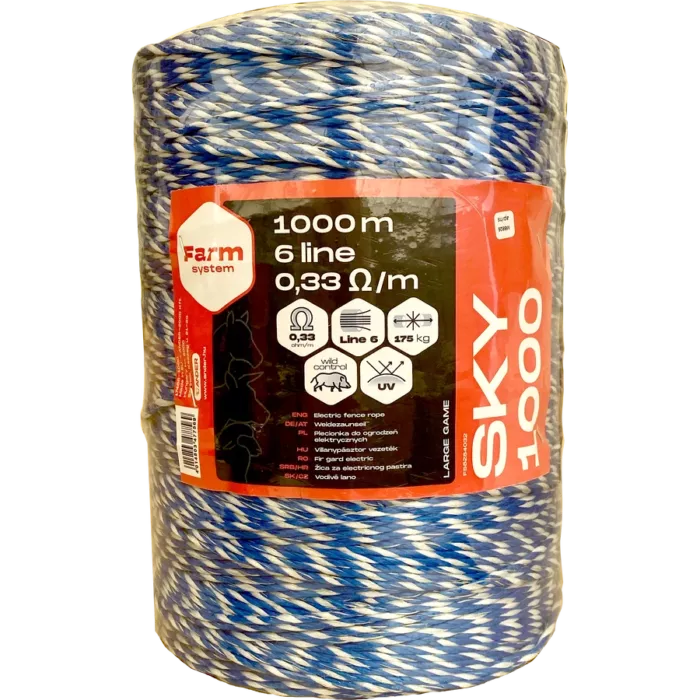 Farmsystem SKY 1000 villanypásztor vezeték, 1000m, 4mm, 0,33ohm/m, 175 kg, kék-fehér