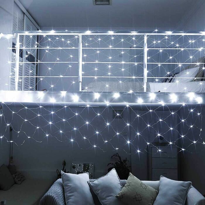 128 LED-es hálós fényfüzér, hidegfehér színben