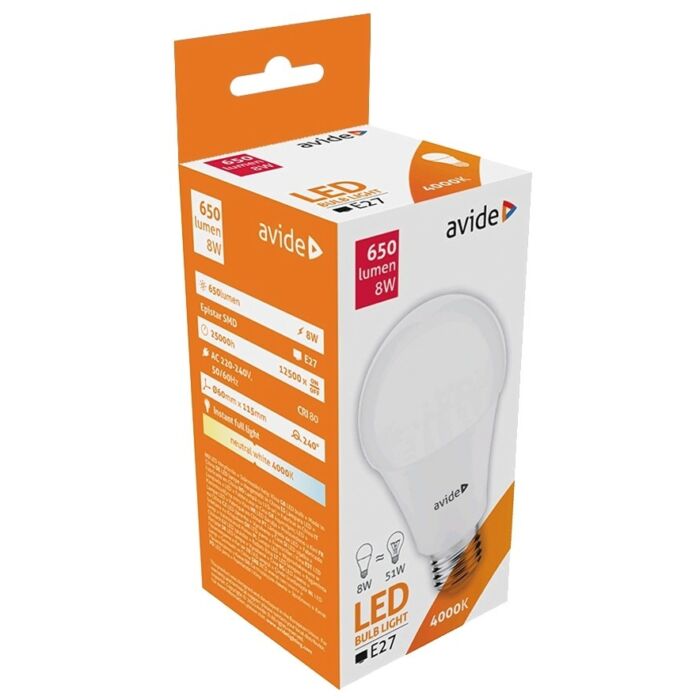 Avide LED Globe A60 8W E27 240° NW 4000K	