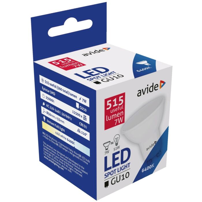 Avide LED Spot Alu+plastic 7W GU10 110° CW 6400K								Avide LED Spot Alu+plastic 7W GU10 110° CW 6400K																