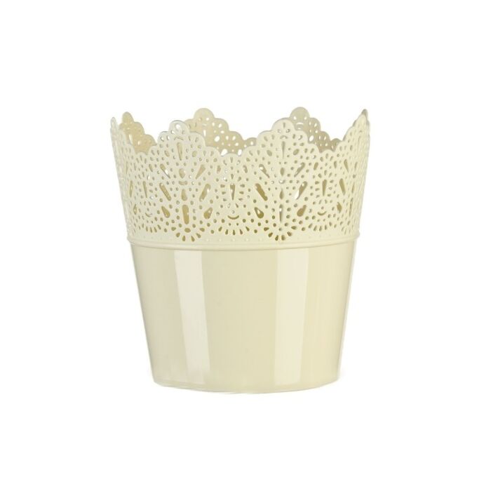 Krém színű műanyag korona kaspó, 16,5 x 18,5 cm