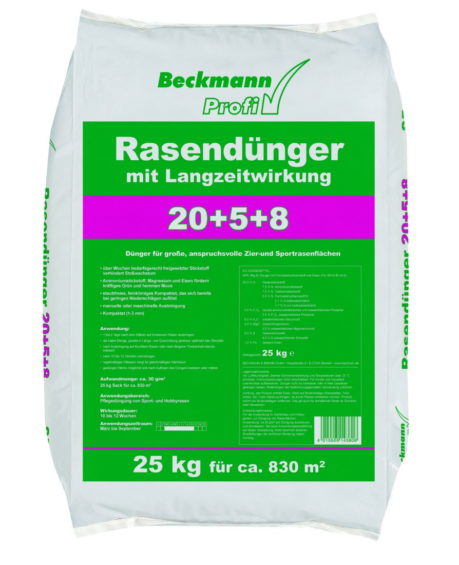 Beckmann fenntartó, hosszú hatású gyeptrágya, 25 kg, 830m2, 20+5+8