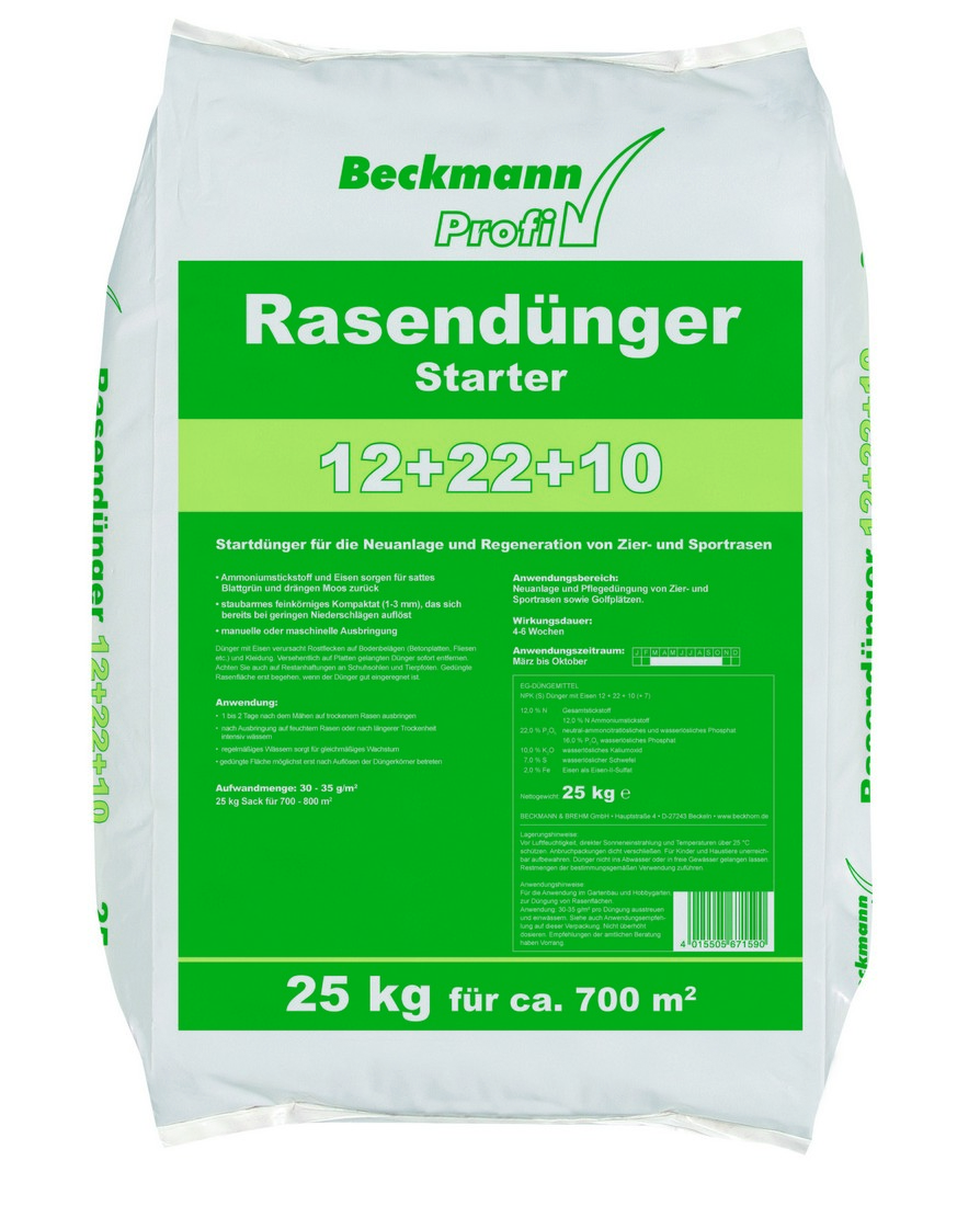 Beckmann gyeptrágya fűmagvetéshez, gyepszőnyeg- telepítéshez 25 kg, 700m2, 12+22+10