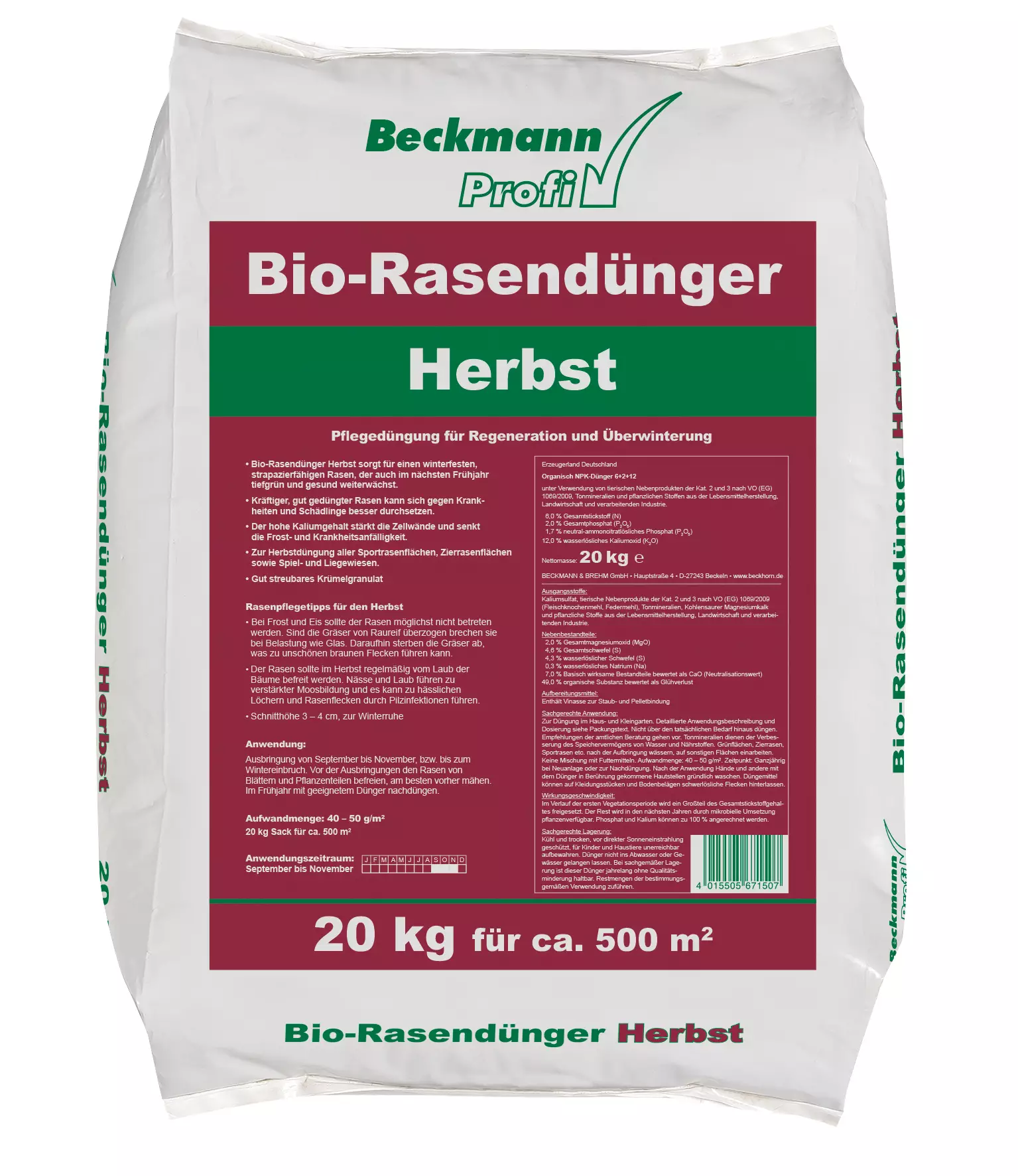 Beckmann őszi/téli felkészítő szerves biogyeptrágya 6+2+12 + 50 % szerves anyag tartalom, 20kg 