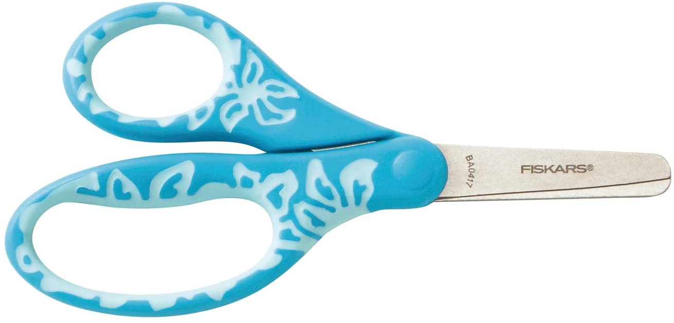 Fiskars gyermekolló, 12 cm, türkiz rózsaszín virág motívummal