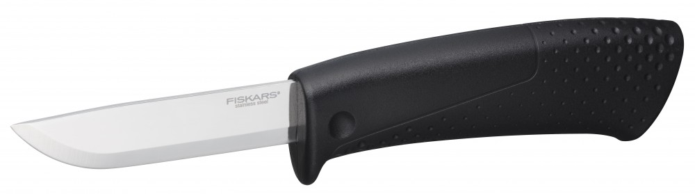 Fiskars kés építőipari munkákhoz, tokba épített élezővel