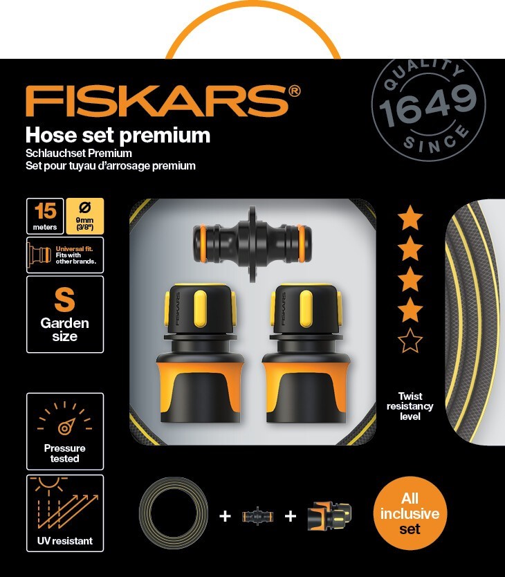 Fiskars prémium locsolótömlő-szett, 9 mm (3/8