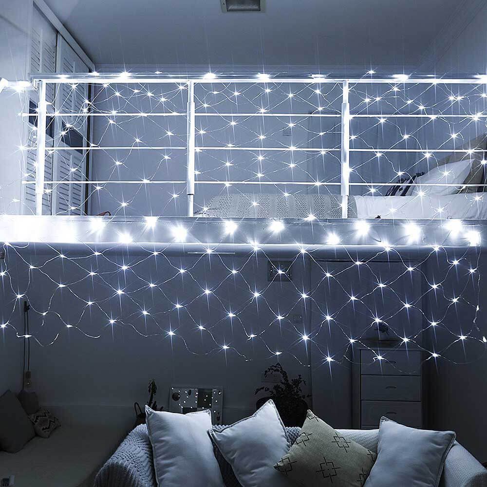 128 LED-es hálós fényfüzér, hidegfehér színben
