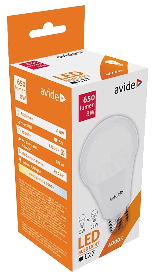 Avide LED Globe A60 8W E27 240° NW 4000K