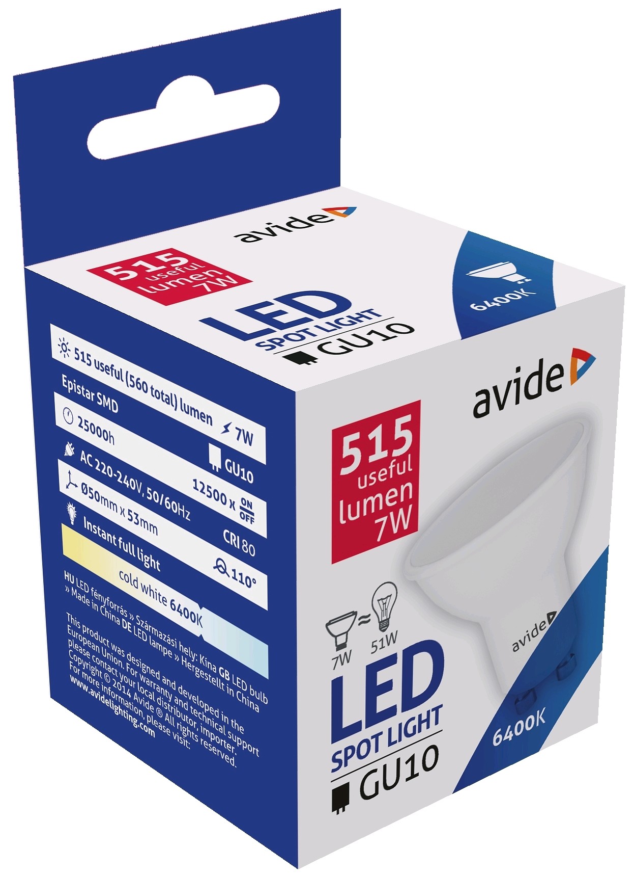 Avide LED Spot Alu+plastic 7W GU10 110° CW 6400K