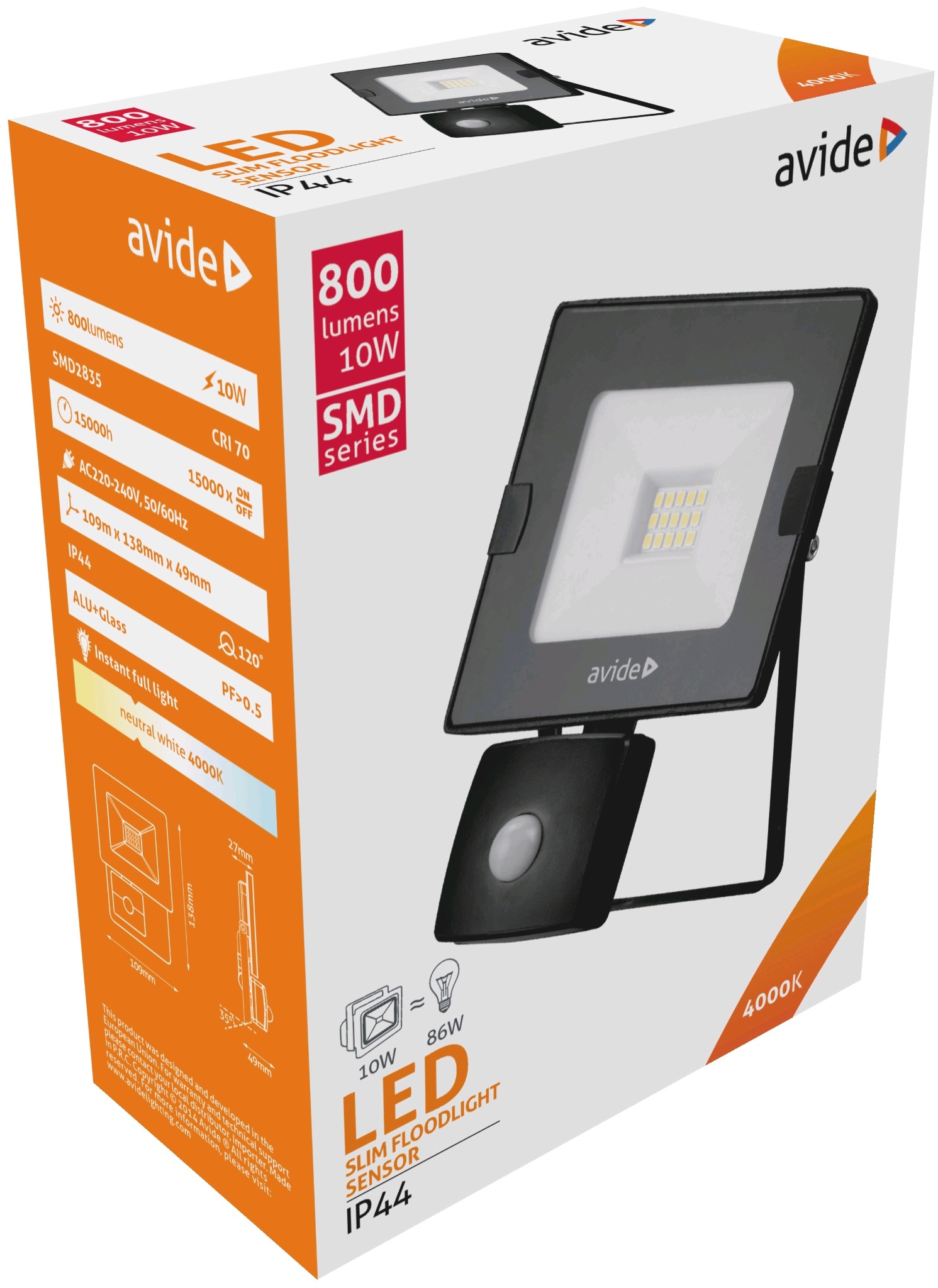 Avide LED Reflektor Slim SMD 10W NW 4000K Mozgásérzékelős PIR