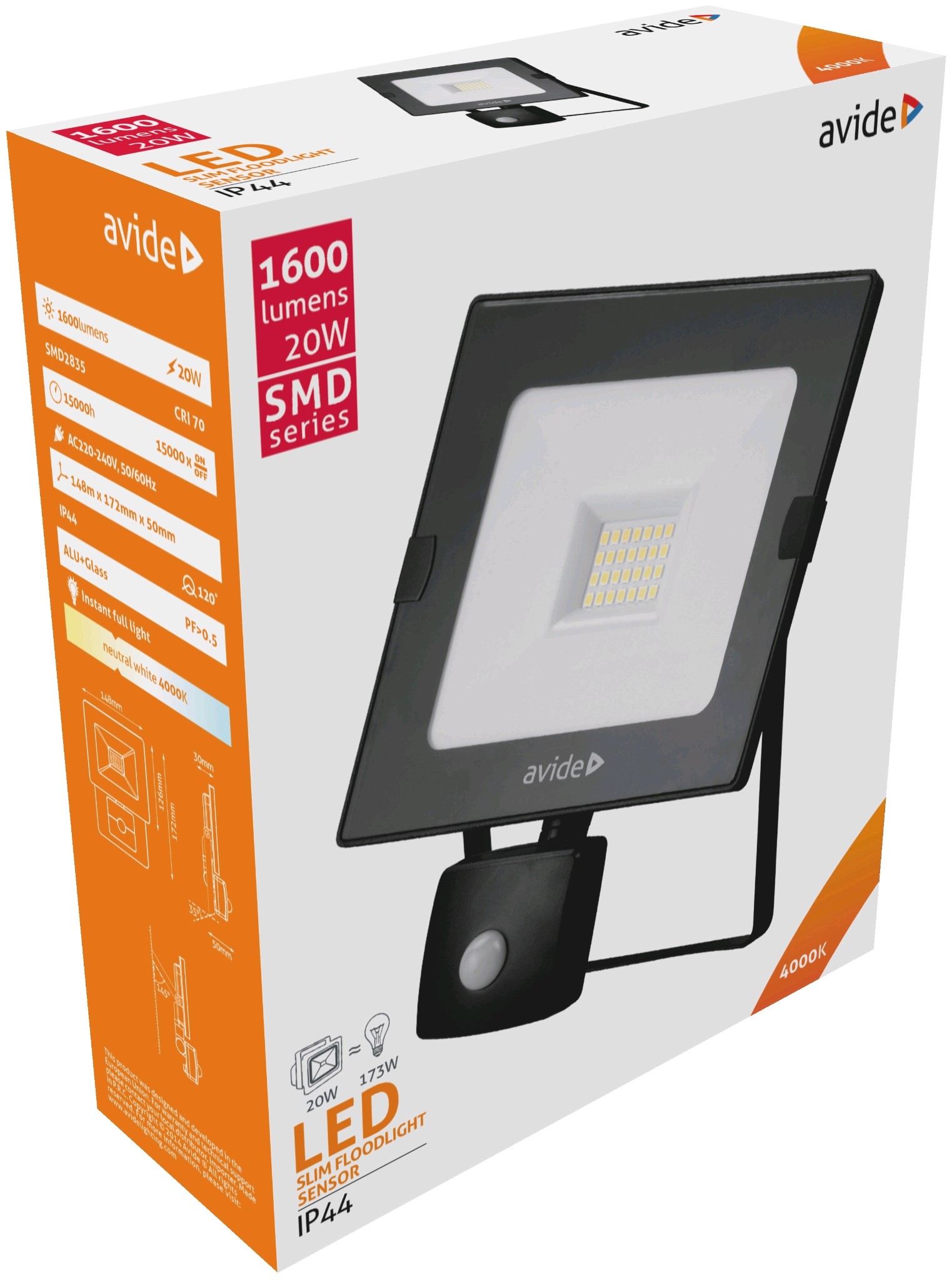 Avide LED Reflektor Slim SMD 20W NW 4000K Mozgásérzékelős PIR