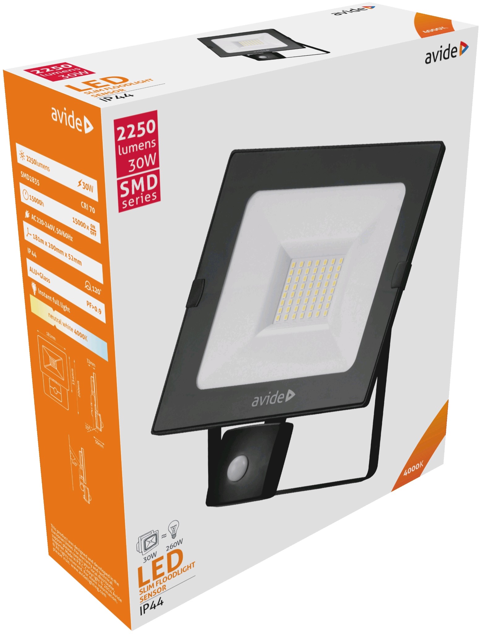 Avide LED Reflektor Slim SMD 30W NW 4000K Mozgásérzékelős PIR