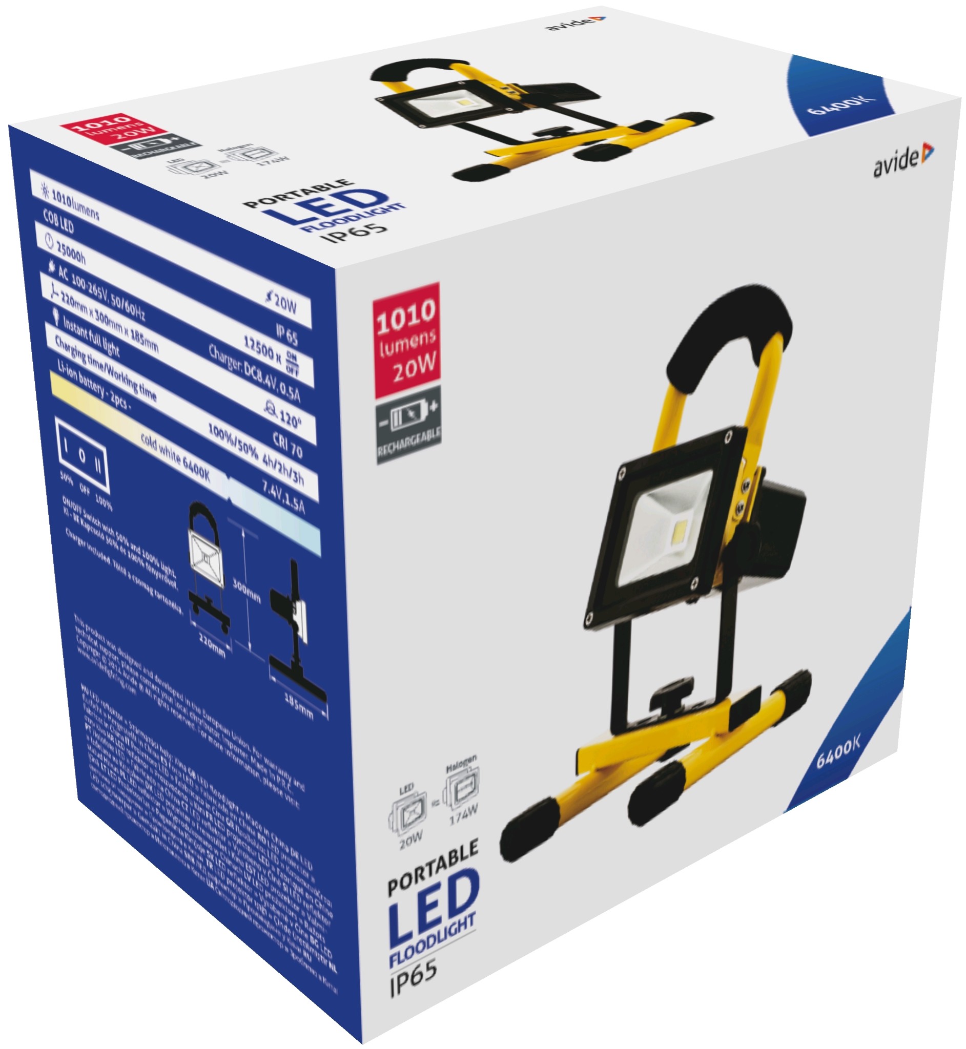 Avide LED Reflektor Akkumulátoros 20W CW 6400K