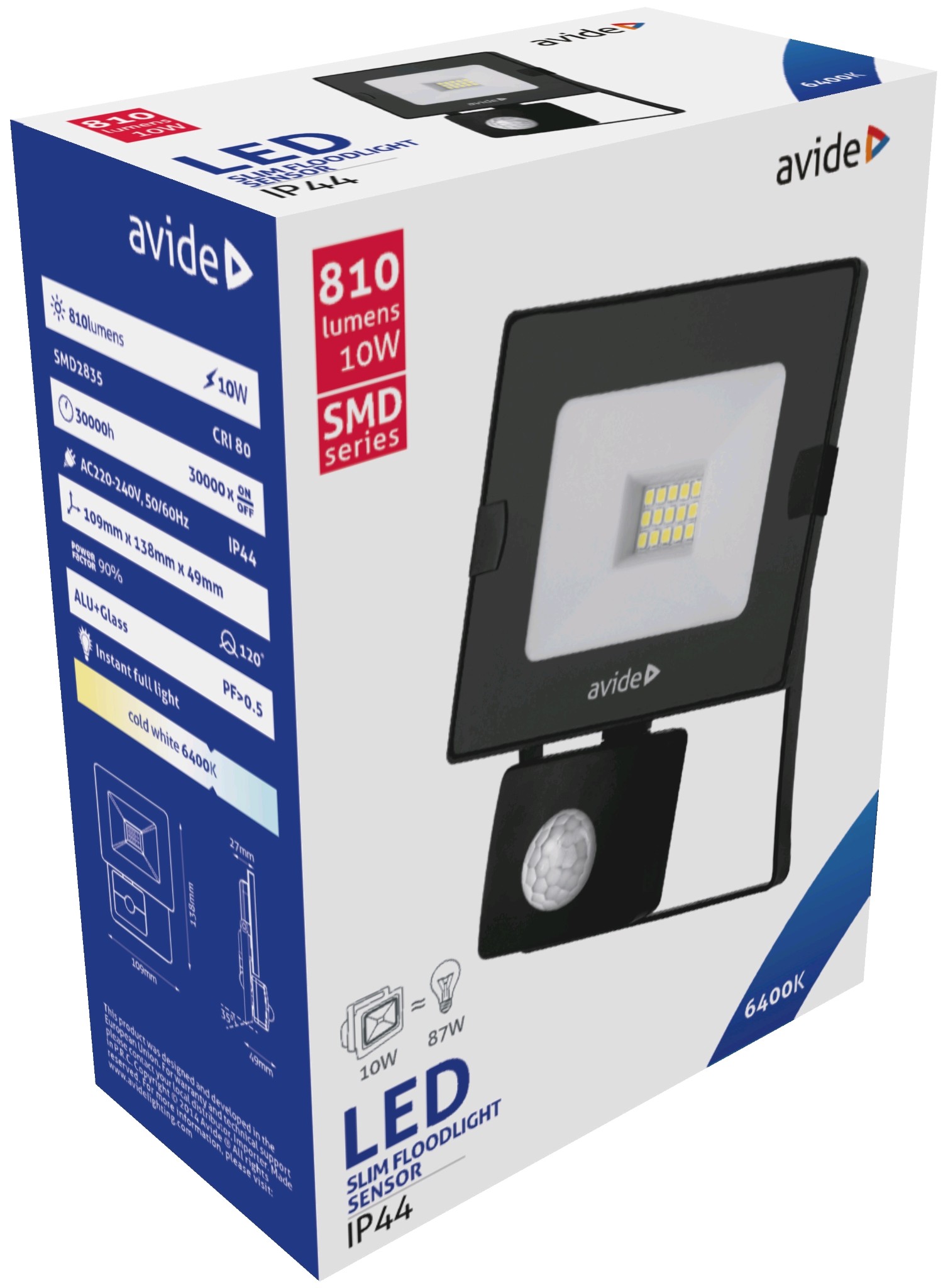 Avide LED Reflektor Slim SMD 10W CW 6400K Mozgásérzékelős PIR