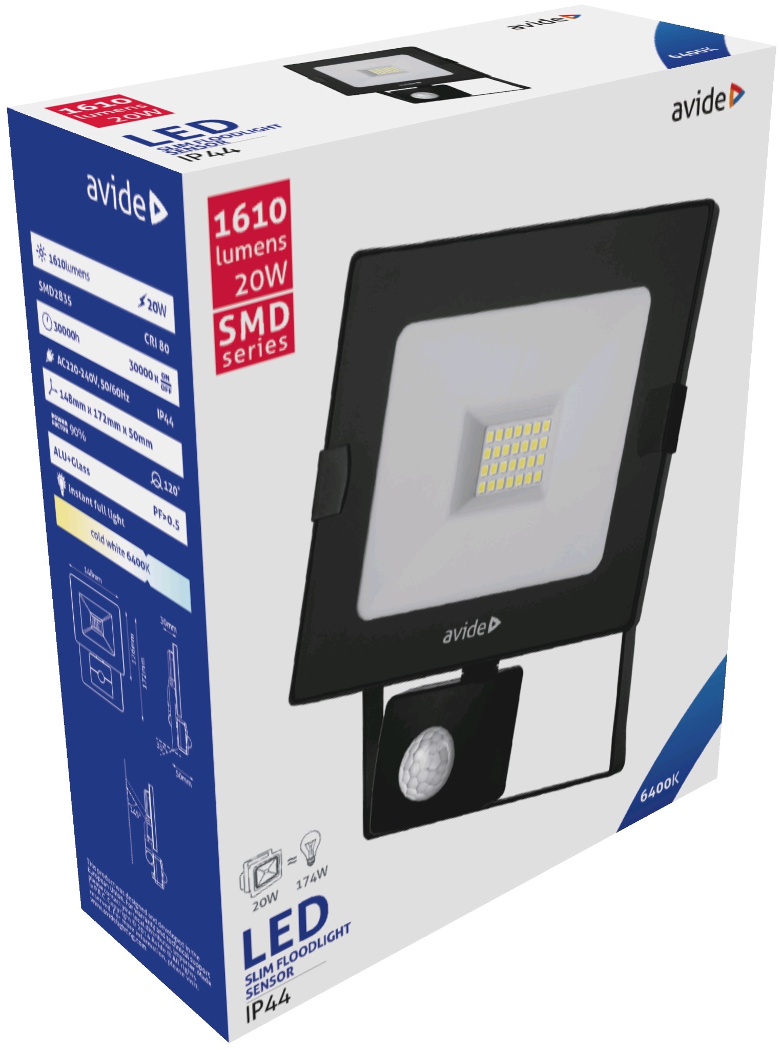 Avide LED Reflektor Slim SMD 20W CW 6400K Mozgásérzékelős PIR