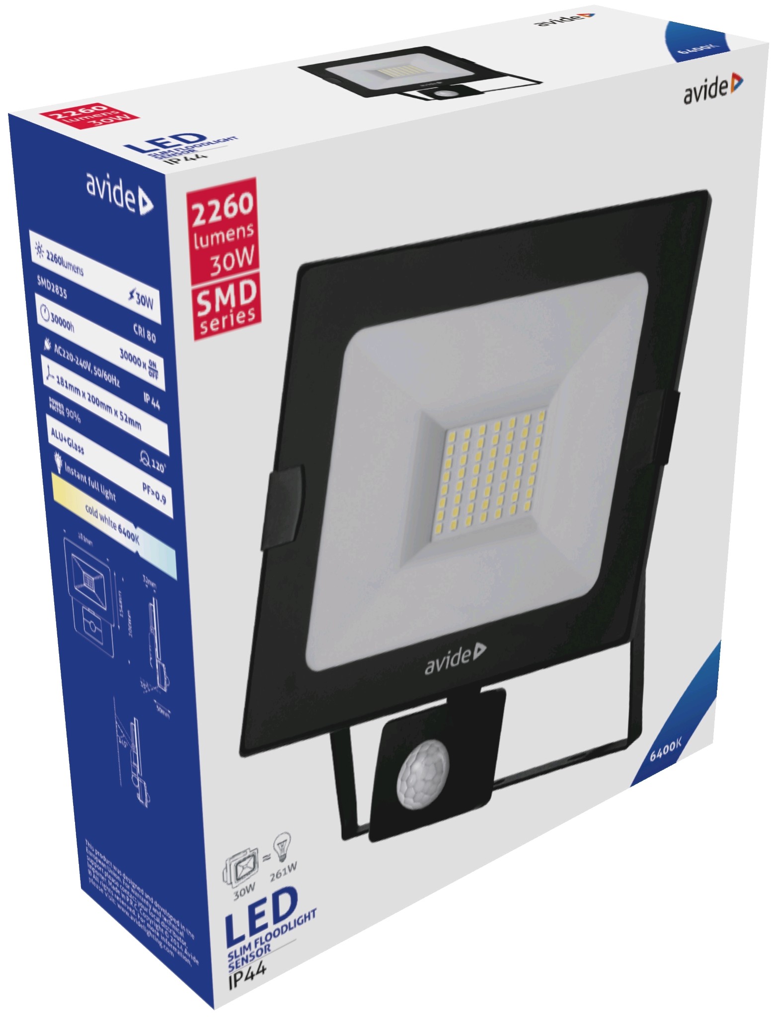 Avide LED Reflektor Slim SMD 30W CW 6400K Mozgásérzékelős PIR