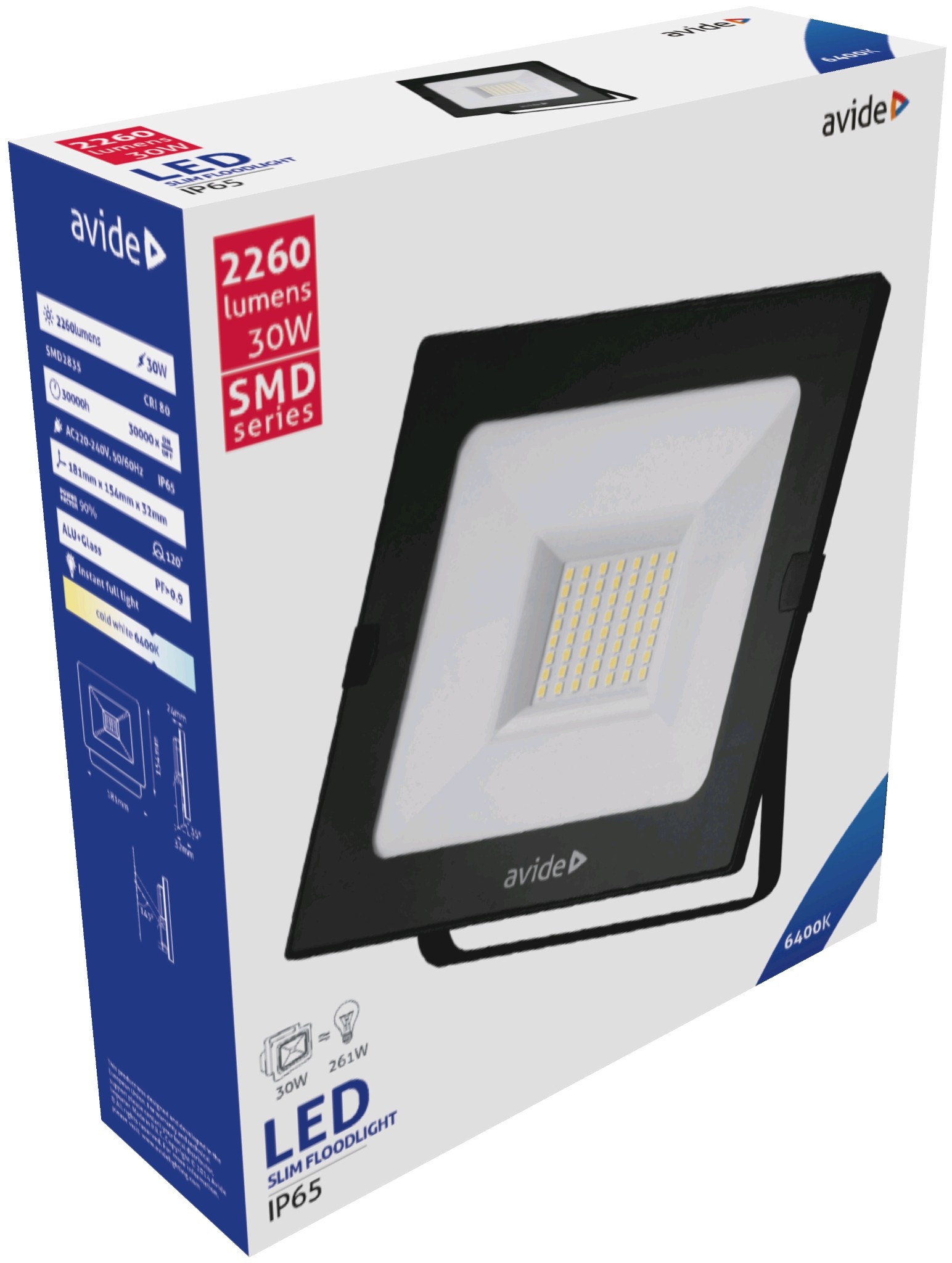 Avide LED Reflektor Slim SMD 30W CW 6400K