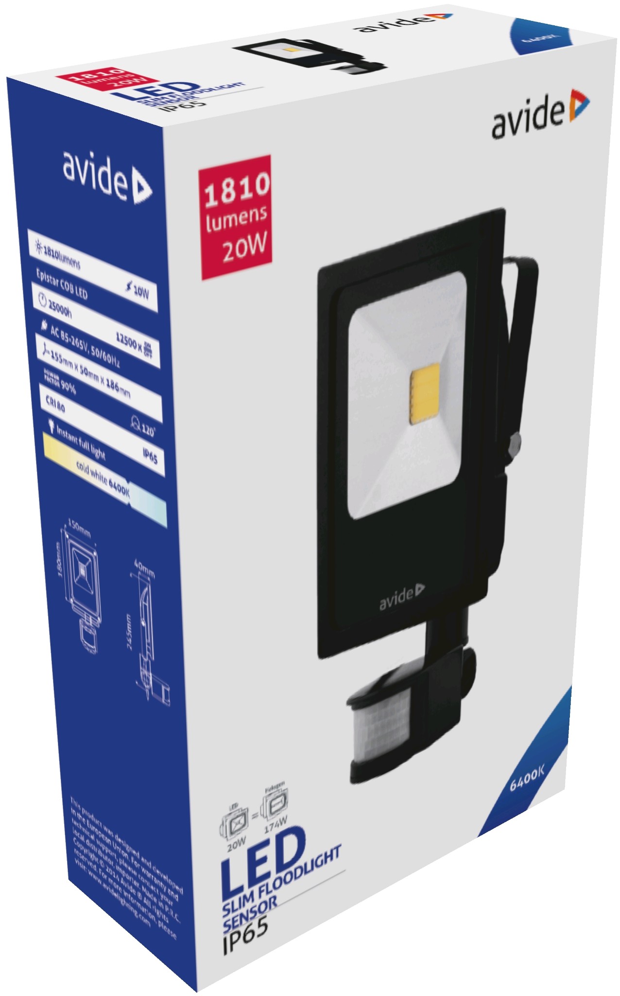 Avide LED Reflektor Slim 20W CW 6400K Mozgásérzékelős PIR