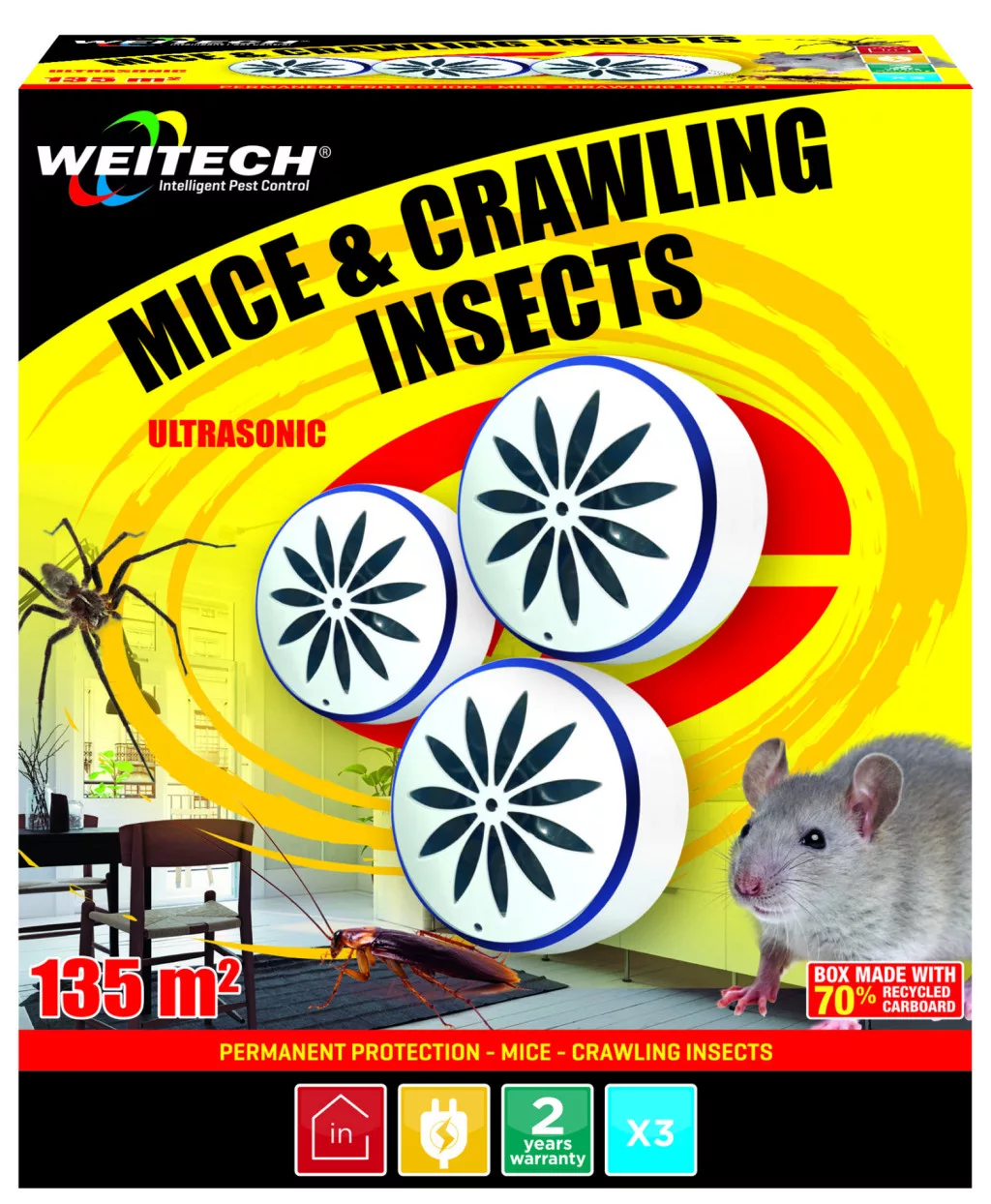Weitech ultrahangos kártevő riasztó 45m2, 3db/csomag /hálózatról működik