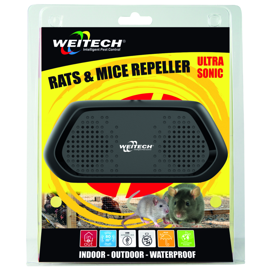Weitech akkumulátoros ultrahangos patkány és egérriasztó IP44 kül és beltéri